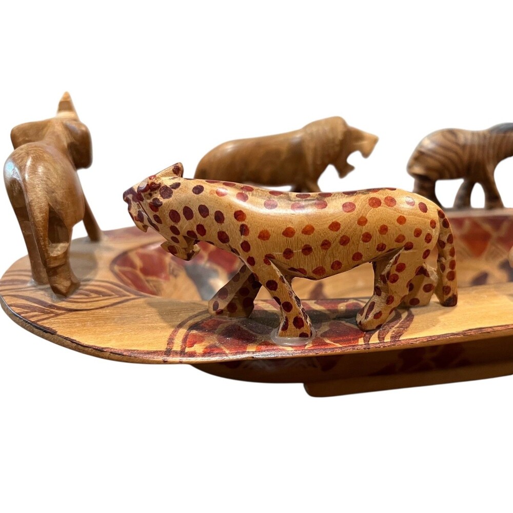 African Safari Animal Hand Carved Wood Bowl 12"w x 5 7/8"d x 4"h - Picture 6 of 16